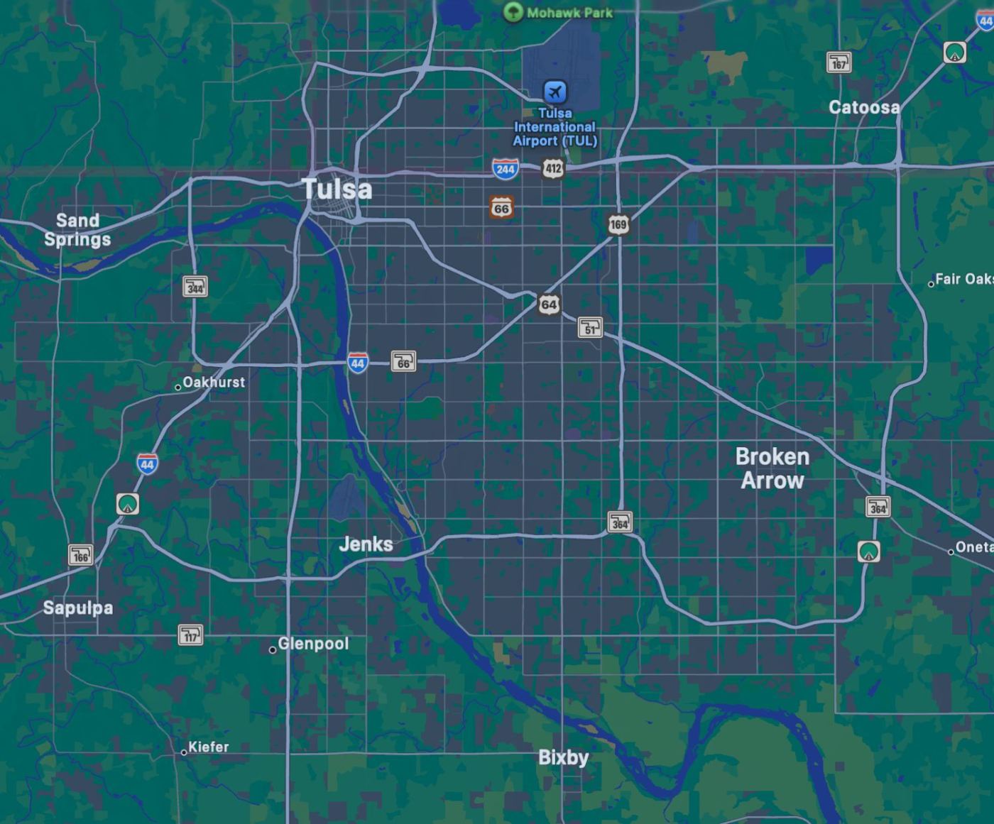 Map of Bixby, Oklahoma and the greater Tulsa metro — Bixby sits south of the Arkansas River, 15 miles south of downtown Tulsa
