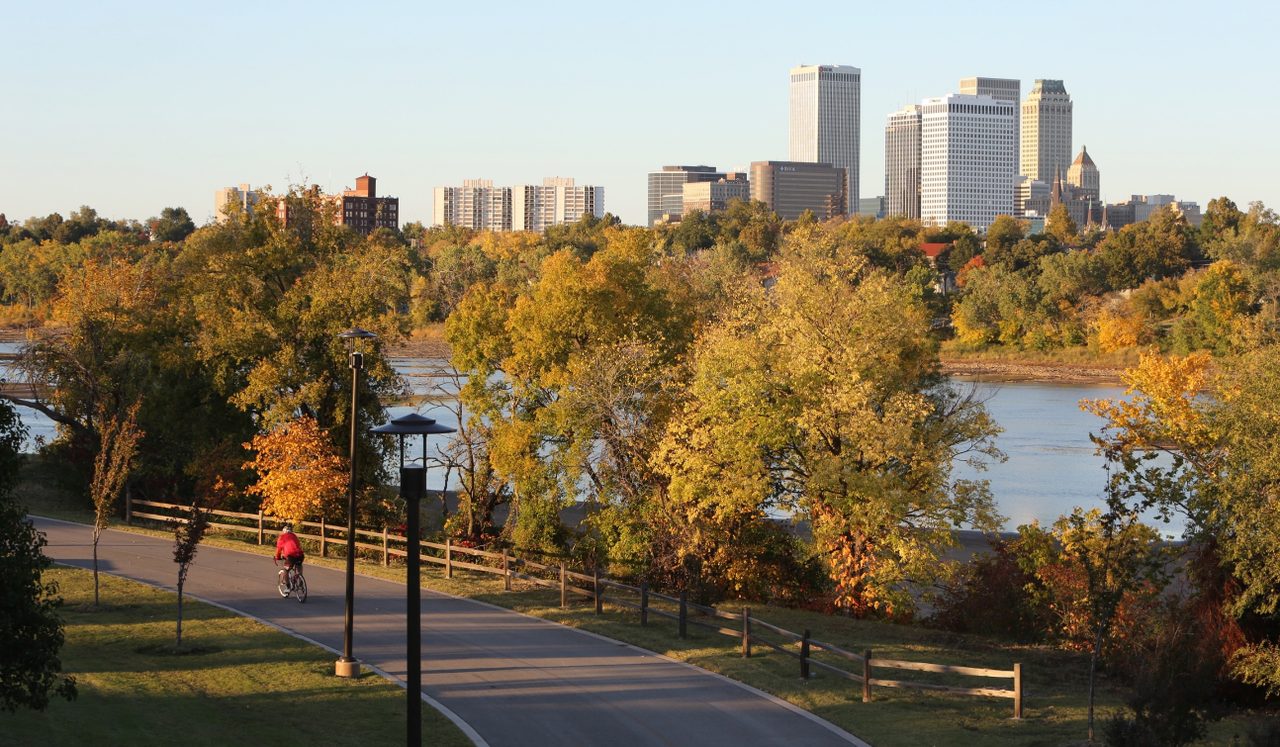 Tulsa RiverParks trail with the downtown skyline